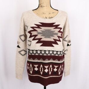 3/$24 AMERICAN EAGLE Aztec Maroon Scoop Neck Southwest Sweater 
Brick Red XS